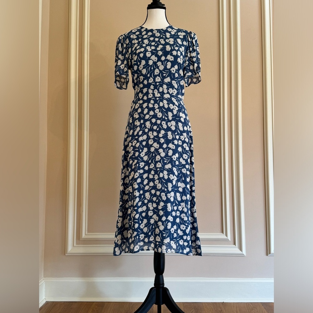 Reformation Blue and White Floral Short Sleeve Midi Dress
